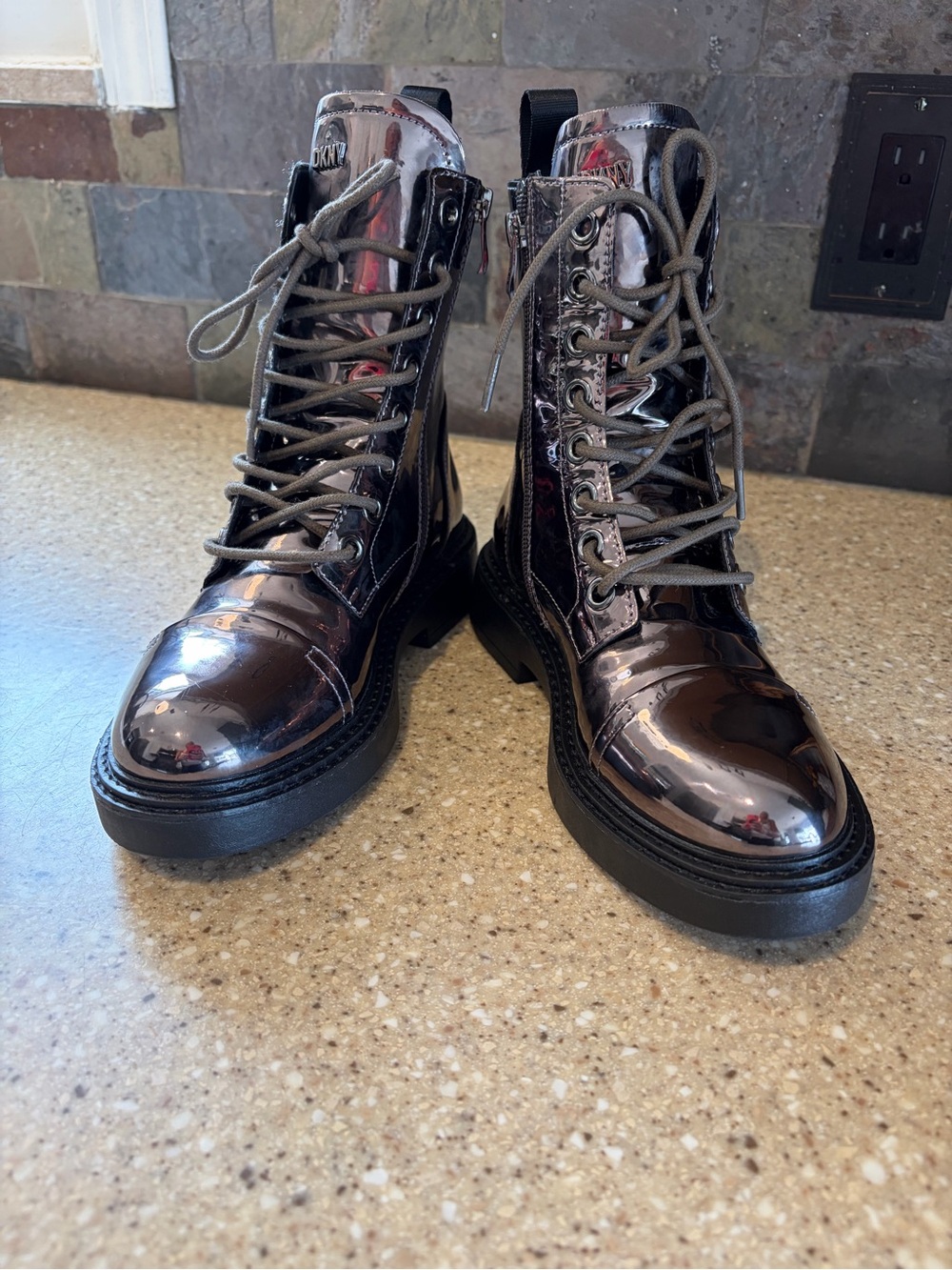 DKNY Shiny Gunmetal Lace-Up Combat Boots